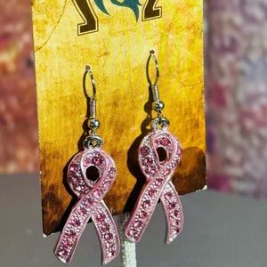 Breast Cancer Awareness Pink Rhinestone Ribbon Earrings